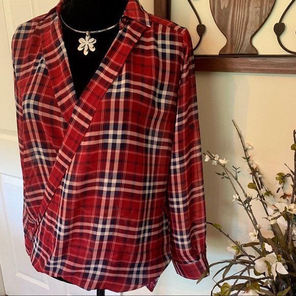 Chic Happens Tops - Red & Navy Plaid Sheer Wrap Top XS